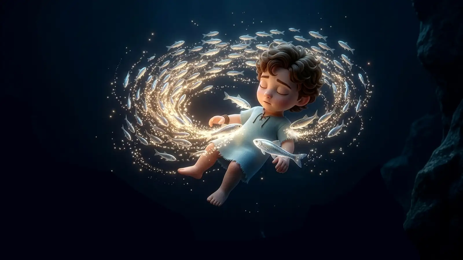 David surrounded by a spiral of glowing fish