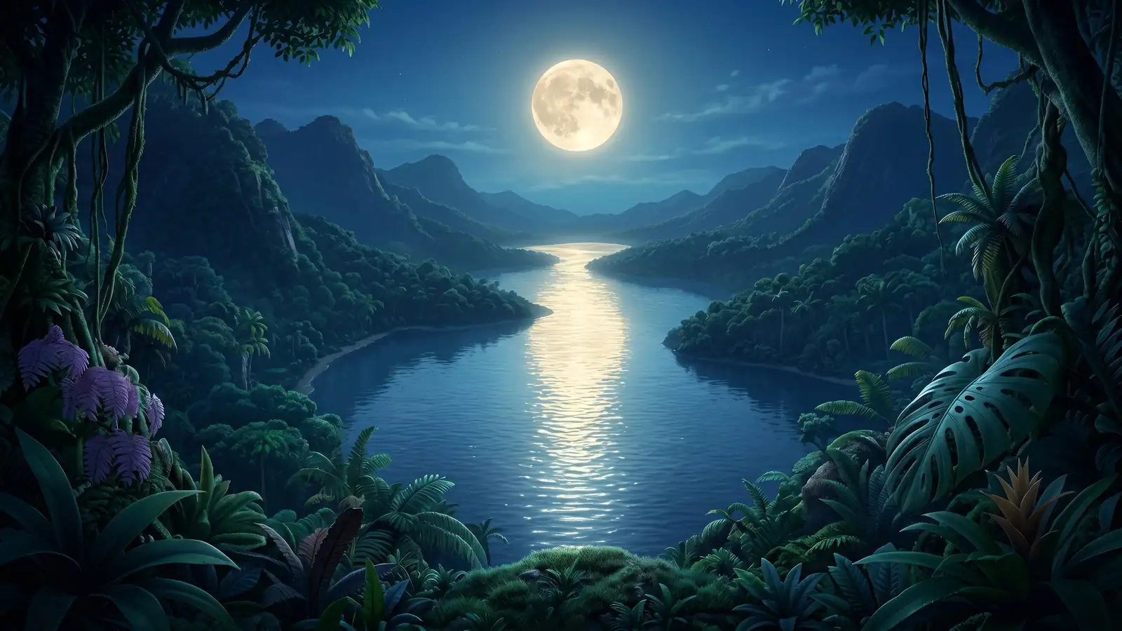 A moonlit lake between forested hills