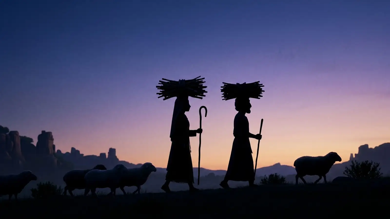 Silhouettes of shepherds at twilight