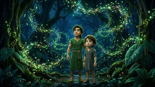 Two boys follow a trail of fireflies through the jungle