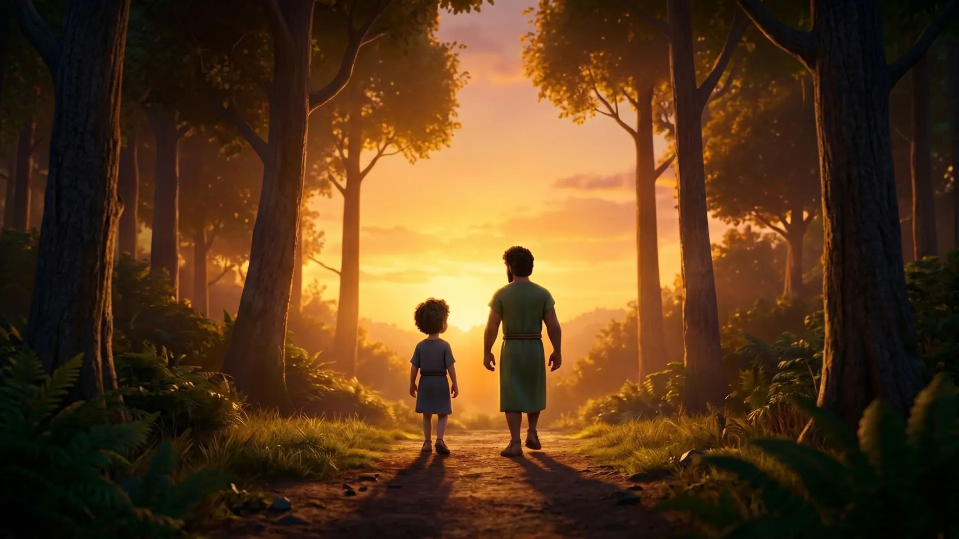A father and son walk into a golden sunset forest