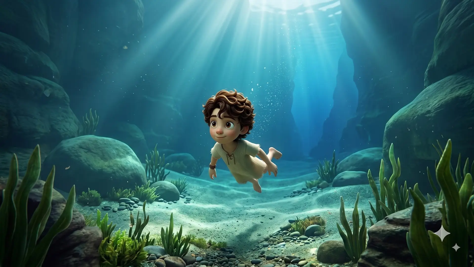 Young David swims through a sunlit underwater canyon